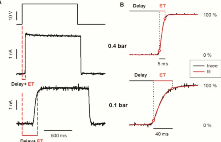 Fig 4A shows how the delay in the response increased linearly with distance. At 0.1 bar it increased from 41.44 ± 0.67 ms (n = 4) at 1 mm to 763.32 ± 0.91 ms (n = 4) at 70 mm