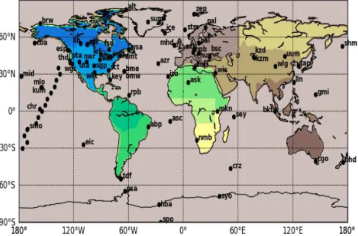 Figure 1. Map showing locations of observations used in CarbonTracker-CH 4 . Shading indicates the boundaries of the Transcom 3 source regions (Gurney et al., 2000) with an additional tropical African region.