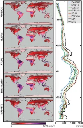 Figure 2. Mean patterns of land evaporation. Average evaporation during 2005–2007 for PM- PM-MOD, GLEAM and PT-JPL forced by the reference input data set; the ERA-Interim reanalysis and MTE machine learning model are shown for comparison