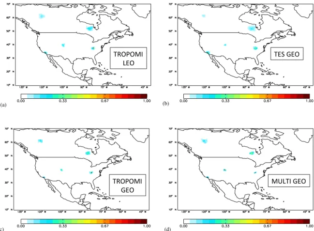 Figure 8. Rows of the model resolution matrix (unitless) for five locations for a 7-day inversion (1–8 July 2008), using (a) TROPOMI low-Earth orbit observations (TROPOMI_LEO); (b) GEO-CAPE observations with a TES-like instrument (TES_GEO); (c) GEO-CAPE ob