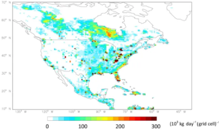 Figure 1. Total daily average prior methane emissions for the nested North America domain (0.5 ◦ × 0.7 ◦ ).