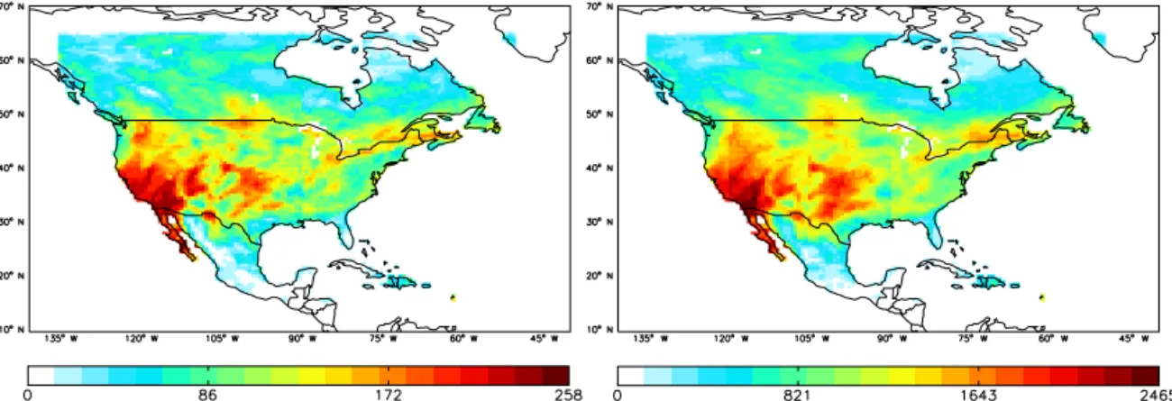 Figure 3. Density of satellite observations (grid cell −1 week −1 ) for LEO (left) and GEO (right) orbits for the nested North America domain (0.5 ◦ × 0.7 ◦ ) and for the period 1–8 July 2008.