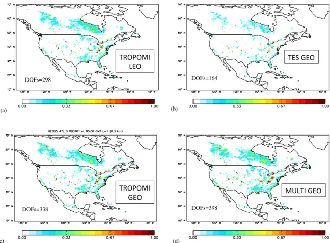 Figure 4. Relative error variance reduction for a 30-day methane emission optimization (1–30 July 2008) using (a) TROPOMI low-Earth orbit observations (TROPOMI_LEO); (b) GEO-CAPE observations with a TES-like instrument (TES_GEO); (c) GEO-CAPE observations 