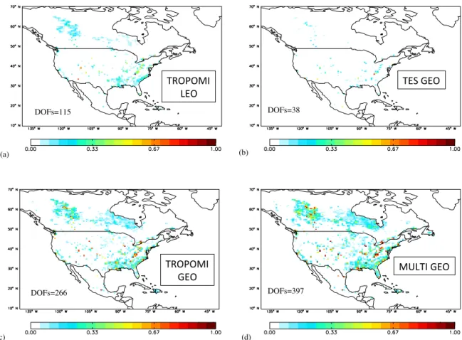 Figure 6. Relative error variance reduction for a 3-day methane emission optimization (1–3 July 2008) using (a) TROPOMI low-Earth orbit observations (TROPOMI_LEO); (b) GEO-CAPE observations with a TES-like instrument (TES_GEO); (c) GEO-CAPE observations wi