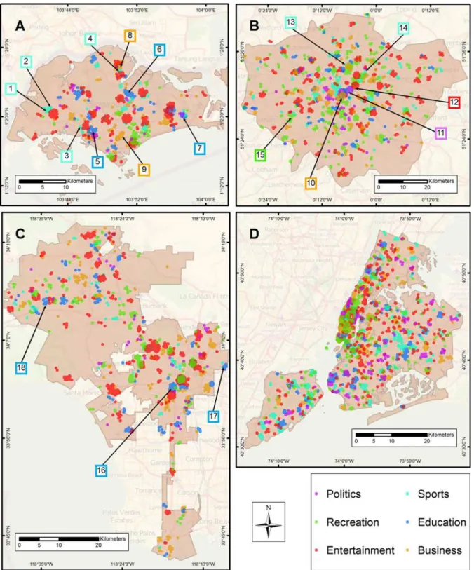 Fig 5. Maps depict significant hotspots for each of the high-level categories for (A) Singapore, (B) London, (C) Los Angeles, and (D) New York City