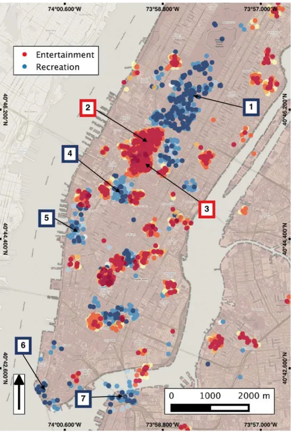 Fig 2. Statistically significant clusters of recreation and entertainment categories concentrated over Manhattan, NYC