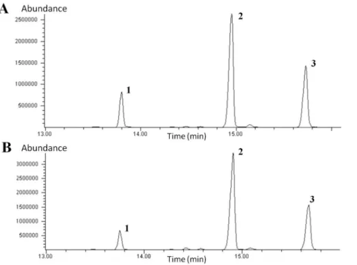 Fig 8. Gas chromatograms of the sugar components of oligofructans from Aloe vera leaf tips and bases