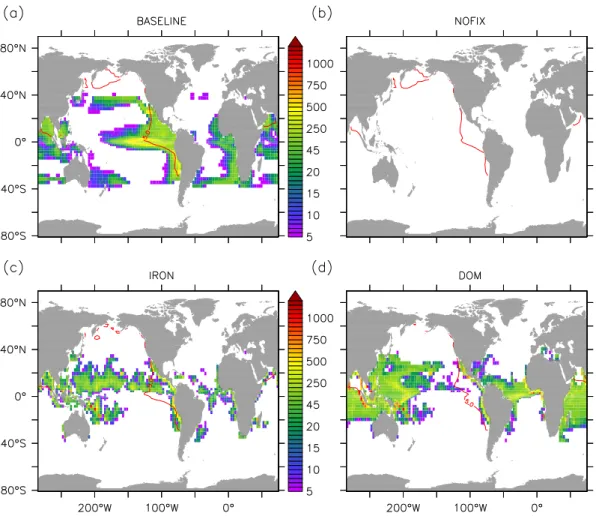 Fig. 2. N 2 fixation rates (mmol N m −2 yr −1 ) calculated for the (a) BASELINE, (b) NOFIX, (c) IRON and (d) DOM simulation