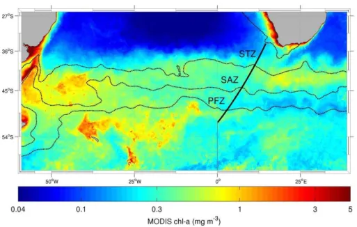 Fig. 1. Sampling track overlaid on the summer climatology for MODIS satellite observed chl a showing the zonally constrained elevated chl a concentrations in the Sub-Antarctic Zone.