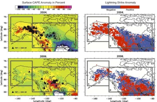Fig. 2. (Left) Surface CAPE anomaly in percent (color filled) overlaid with MODIS fire data for the fire seasons of 2004 (top) and 2006 (bottom)
