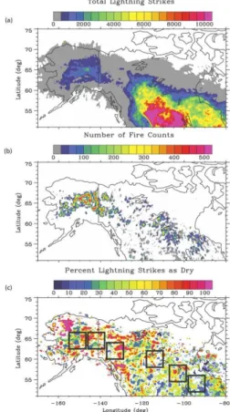 Fig. 3. (a) Total lightning strikes per grid box, (b) total fire counts per grid box, and (c) the percentage of lightning strikes occurring as dry strikes per grid box for the fire seasons of 2000–2006
