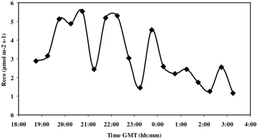Fig. 2. Time evolution of Reco (with short-term fluctuations) during the night-time between the 5 and 6 August.