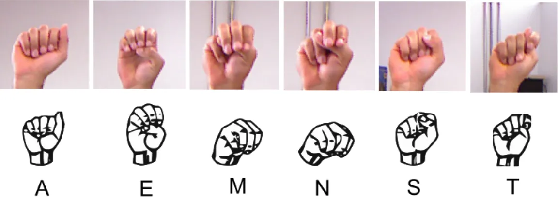 Figura 3.3: Ilustração de classes ambíguas no alfabeto da ASL. As letras são representadas por punhos fechados e se diferem apenas pela posição do polegar, levando à maiores níveis de confusão