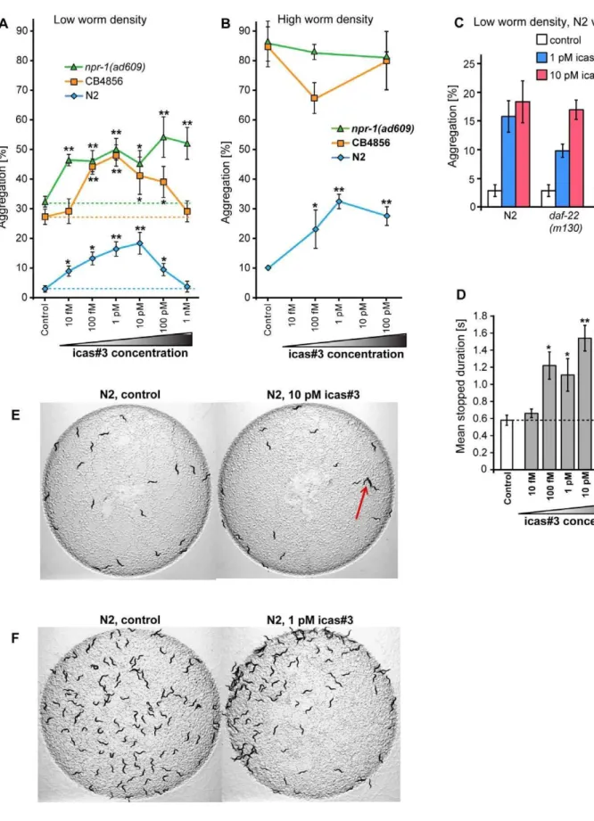 Figure 4. Indole ascarosides mediate aggregation behavior in C. elegans . (A) Aggregation behavior of solitary and social hermaphrodites at low worm densities (20 worms per plate) on different concentrations of icas#3