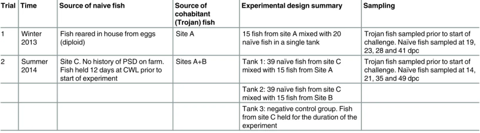 Table 1. Experimental design of transmission experiments. For both experiments, fish were held at 15°C for 49 days after initiation of the cohabitation challenge in 300 L tanks