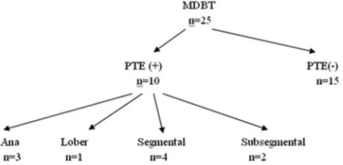 Tablo 2. Sekizinci gün MDBT ve V/P Sintigrafi sonuçları- sonuçları-nın karşılaştırılması MDBT V/P sintigrafisi Toplam Normal Düşük olasılıklı Orta olasılıklı Yüksek olasılıklı PTE (+) 2 3 - 5 10 PTE (-) 7 7 - 1 15