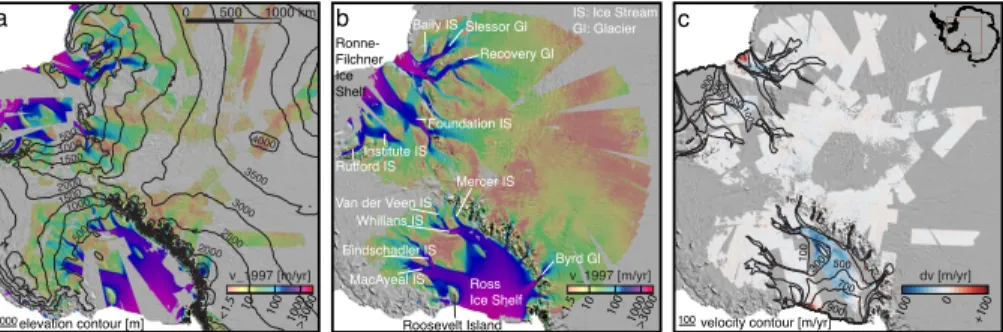 Fig. 2. Ice surface velocity maps for Central Antarctica for 1997 (a) and 2009 (b) overlaid on MOA