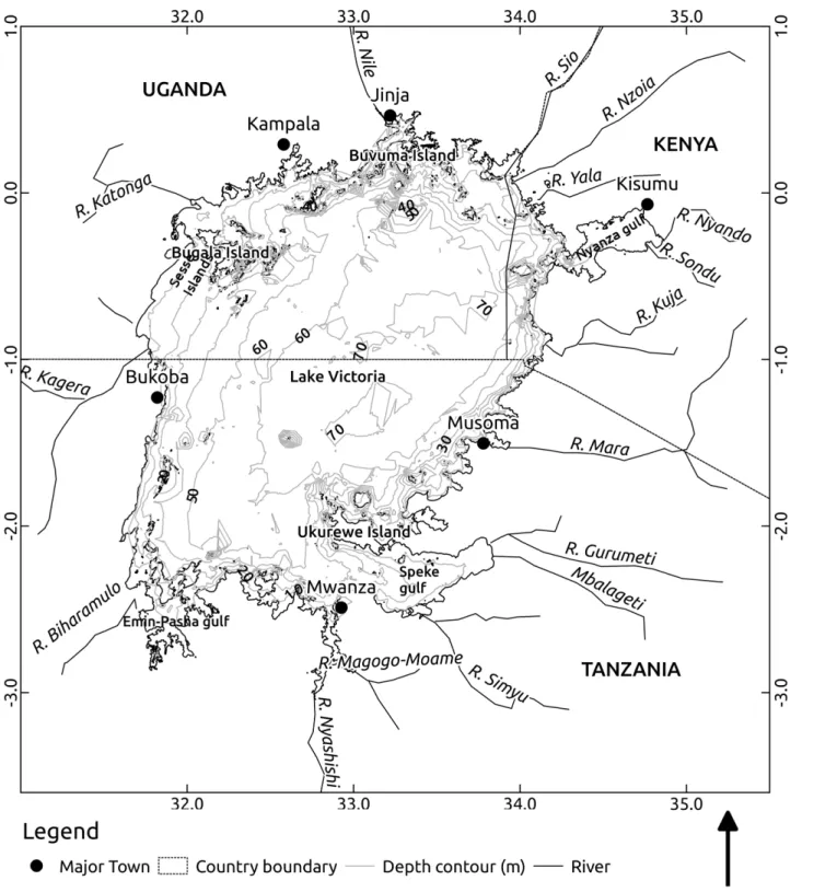 Fig 1. Map of Lake Victoria, its major rivers and bathymetry.