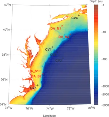 Figure 1. Locations of the nine study sites in the Mid-Atlantic Bight. The red crosses represent the four data assimilation (DA) sites, and the black pluses the five cross-validation (CV) sites.