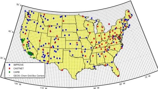 Fig. 1. Locations of IMPROVE, CASTNET, and CARB measurement sites, and GEOS-Chem grid box centers over the US.