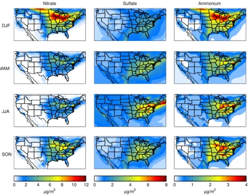 Fig. 3. Predicted concentrations of nitrate, sulfate and ammonium aerosol for 2009 December- December-January-February (DJF), March-April-May (MAM), June-July-August (JJA) and  September-October-November (SON).