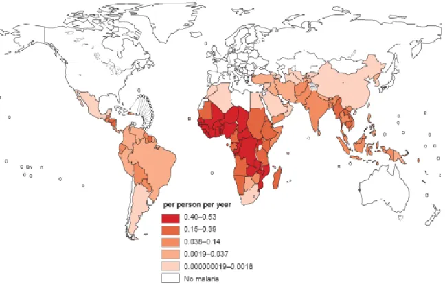 Figura  7  –  Incidência  estimada  dos  episódios  clínicos  da  malária  –  causada  por  qualquer  espécie – que resultam da transmissão local, médias niveladas do país, 2004