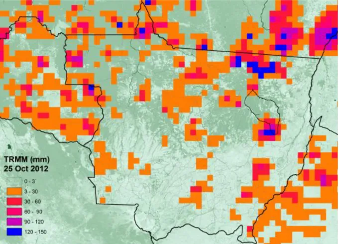 Figura  11  –  Dados  de  precipitação  do  TRMM  do  dia  25  de  outubro  de  2012  destacando  o  estado de Mato Grosso e o município de Querência (ao centro)