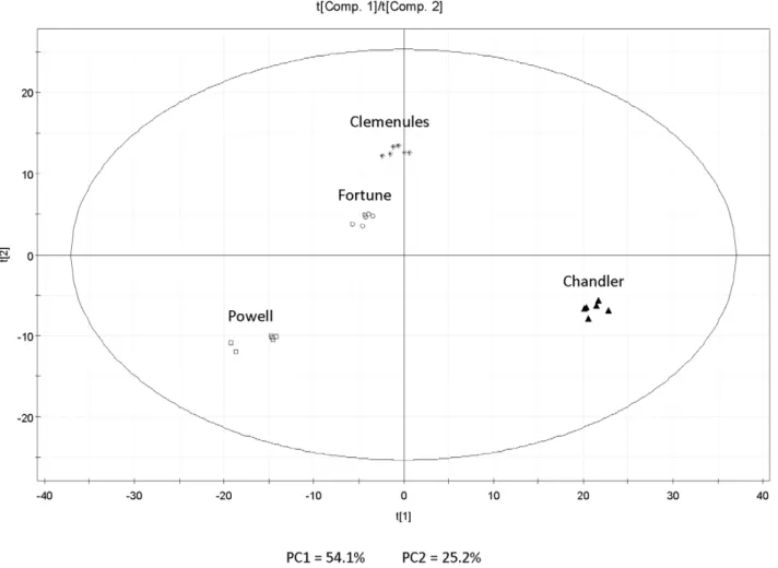 Figure 1. Principal Component Analysis score plot (t[1] vs t[2]) for the first and second principal components.