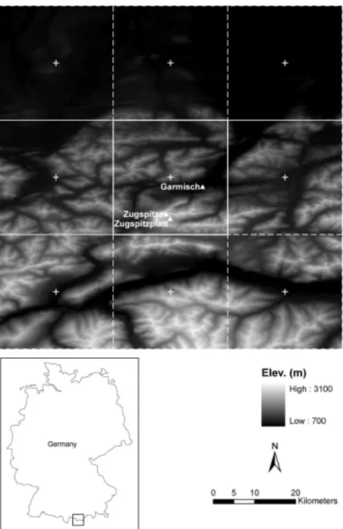 Fig. 1. The locations of the meteorological stations (triangles), and ERA-Interim 0.25 ◦ × 0.25 ◦ grids (dashed line, cross as grid centre)