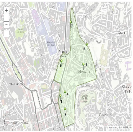 Figure 1. Map of Mouraria with the six ‘sub-neighbourhoods’ identified by the residents: 1) Martim Moniz and  Rua  do  Benformoso;  2)  Olarias  and  Largo  do  Terreirinho;  3)  Rua  do  Capelão,  Rua  da  Guia,  and  Rua  da  Amendoeira; 4) Largo dos Tri