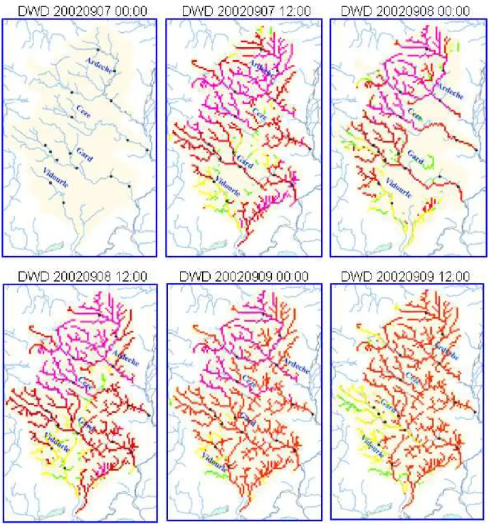 Fig. 10. Summary threshold exceedance maps showing the highest threshold exceeded during the 48 h forecasting time for flood forecasts based on the DWD Lokallmodell weather forecasts from 20020907 00:00 and in 12 hourly steps until 20020909 12:00