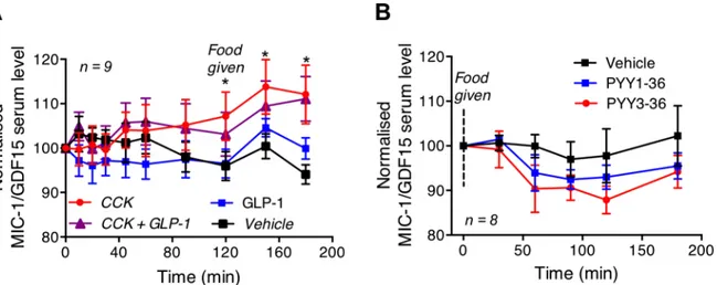 Fig 4. Effect of satiety factor infusions on serum levels of human MIC-1/GDF15. (A) Subjects receiving CCK-8 infusion alone had significant time dependent increase in serum levels of MIC-1/GDF15 with significant increases at 120, 150 and 180 minutes of inf