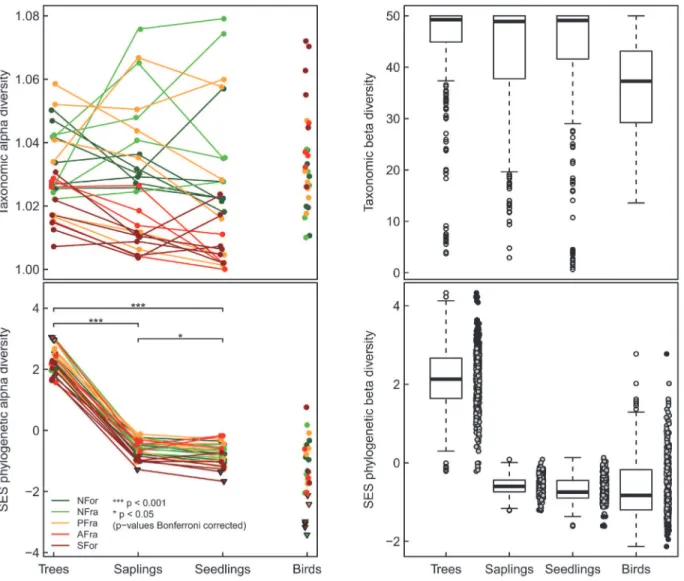 Fig 2. Differences in the taxonomic and phylogenetic α- and β-diversity between species groups