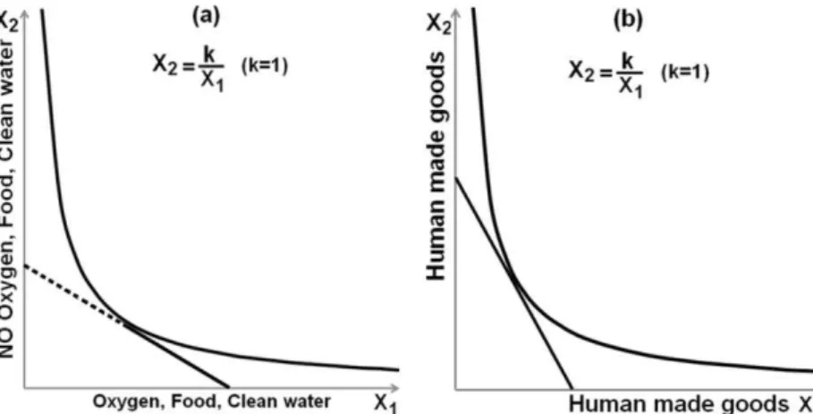 Figure 1. Indifference curves of utility functions and tangent lines of MRS. 1a-Oxygen, food, and clean water  are non substitutable “goods”, i.e