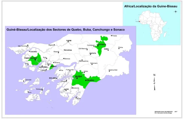Figura 1-1: Sectores administrativos da Guiné-Bissau onde foi realizado o trabalho de campo