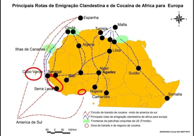 Figura 2-2: As principais rotas de emigração clandestina e de cocaína de África para Europa 