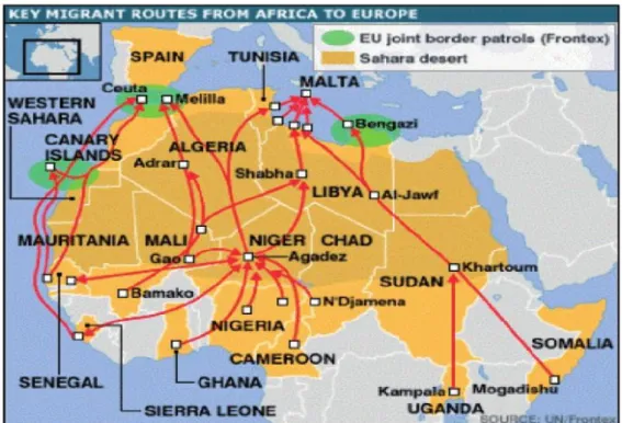 Figura 2-5: As principais rotas da emigração da África   Fonte: Adaptado de BBC, 2014