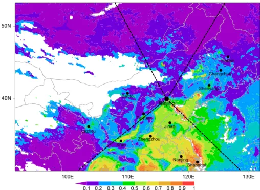 Fig. 1. Sampling location (116.30 ◦ E, 39.99 ◦ N) on a regional map superimposed with spatial distribution of annual mean fine aerosol optical depth (AOD) retrieved from MODIS satellite remote sensing in 2009