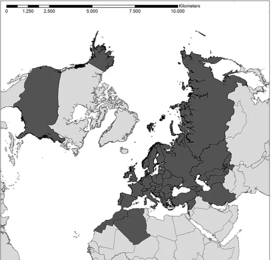 Figure 1. Spatial coverage of the database. Grey countries (46 European countries plus neighbouring  countries in Asia, namely Armenia, Azerbaijan, Georgia, Iran, Israel, Kazakhstan, Kyrgyzstan, Lebanon,  Russia, Syria, Tajikistan, Turkey, Turkmenistan, an