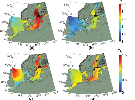 Figure 4. Ensemble mean (a and b) and ensemble spread (c and d) of projected changes in SST ( ◦ C) (all changes are significant at the 5 % level, ( p < 0.05)) for the (a and c) A1B scenario and for the (b and d) RCP4.5 scenario.