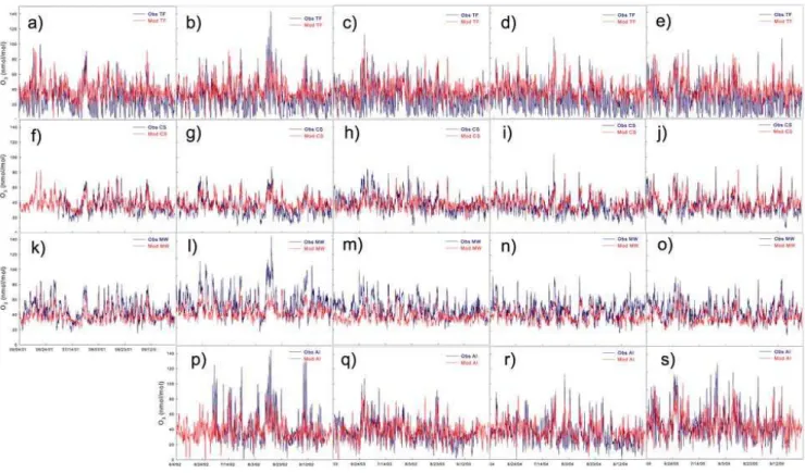 Fig. 11. Time series of observed (blue) and modeled (red) 1-h O 3 daily maxima at the AIRMAP sites, Thompson Farm (a–e), Castle Spring (f–j), Mount Washington (k–o) in summers 2001–2005 and Appledore Island (p–s) in summers 2002–2005.