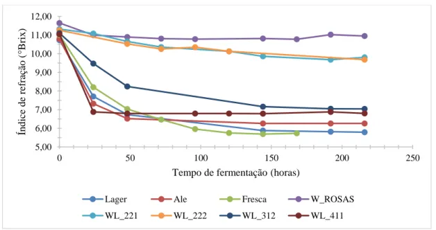Figura 3.3 – Variação da concentração média de sólidos solúveis no mosto medida através do  índice de refração em ºBrix ao longo do tempo de fermentação 