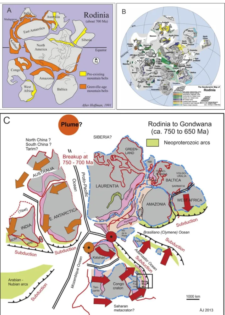 Fig. 2.5- Esquema de quebra de Rodínia e amalgamação e formação do Gondwana, conforme (A) Hoffman  (1991), (B) Li et