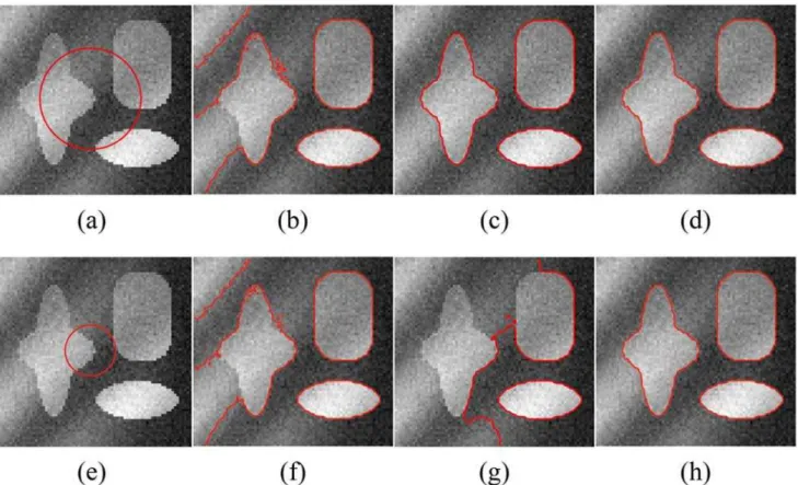 Fig 6. Comparisons of the segmentation results for a synthetic image with intensity inhomogeneity between Li ’ s model, LSACM and our model.