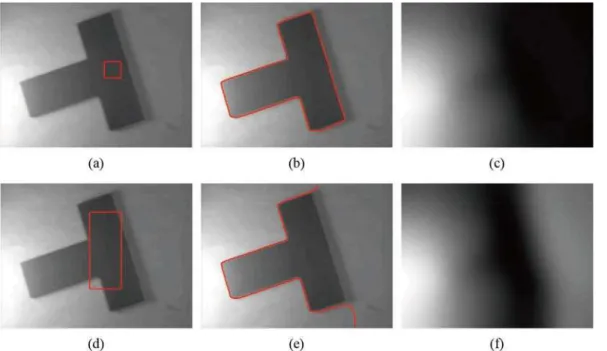 Fig 2. Segmentation of Li ’ s model. (a), (d) The original image with red initial contours