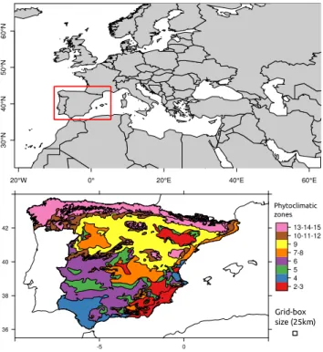 Fig. 1. Location of the study area. Colour divisions correspond to the different phytoclimatic areas used for the analysis after  aggre-gation (see details in Sect