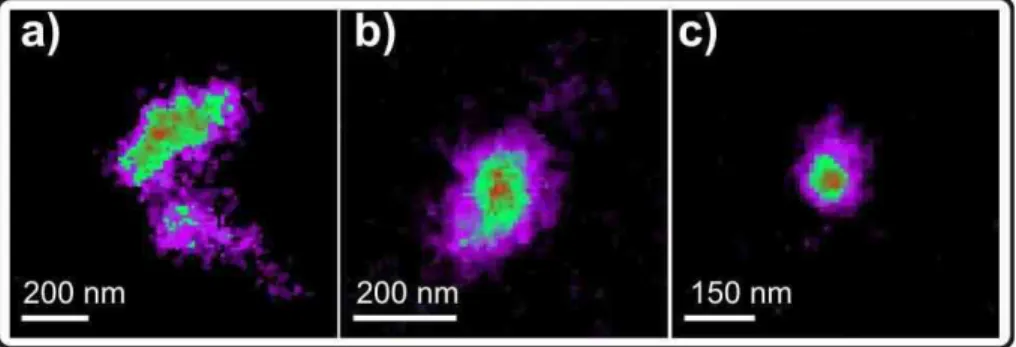 Fig. 4. STXM absorption images, measured at 320 eV, of aged soot particles emitted from (a) the Attika wood stove with an equivalent projected area diameter of around 500 nm, (b) the EURO 2 transporter having a diameter of 260 nm and (c) the EURO 3 passeng