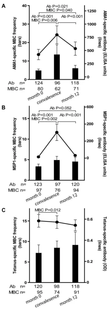 Figure 4. Longitudinal analysis of the Pf - and TT-specific MBC and antibody response