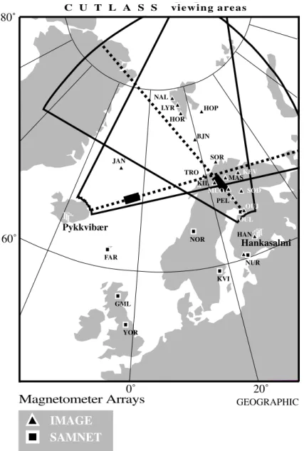 Fig. 1. Map in geographic coordinates showing CUTLASS beams and ranges of interest, and IMAGE and  SAM-NET magnetometer locations
