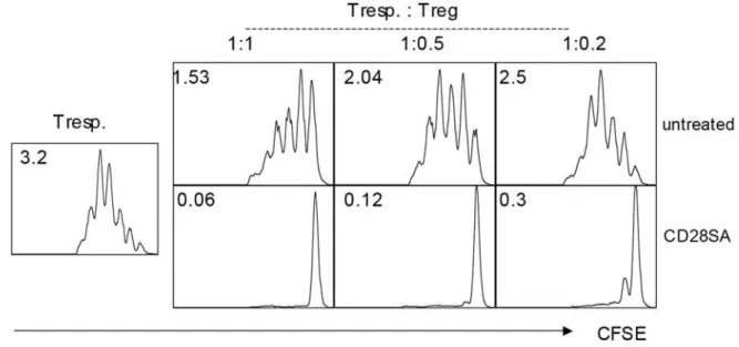 Figure 2. Suppressive activity of CD28SA stimulated Treg cells. (A) In vivo stimulation with CD28SA increases potency of Treg cells in vitro 
